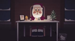 Papercut Santa sits at a desk ready to judge