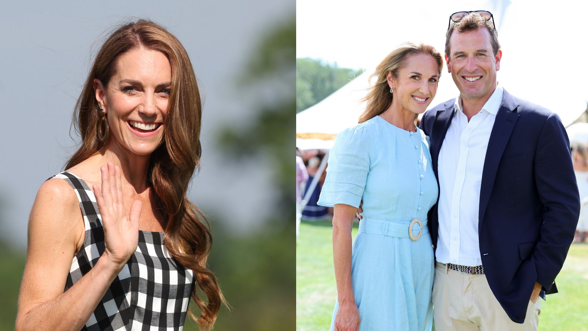 A split image of Princess Kate in a gingham dress and Harriet Sperling posing with Peter Phillips at the Royal Charity Polo Cup