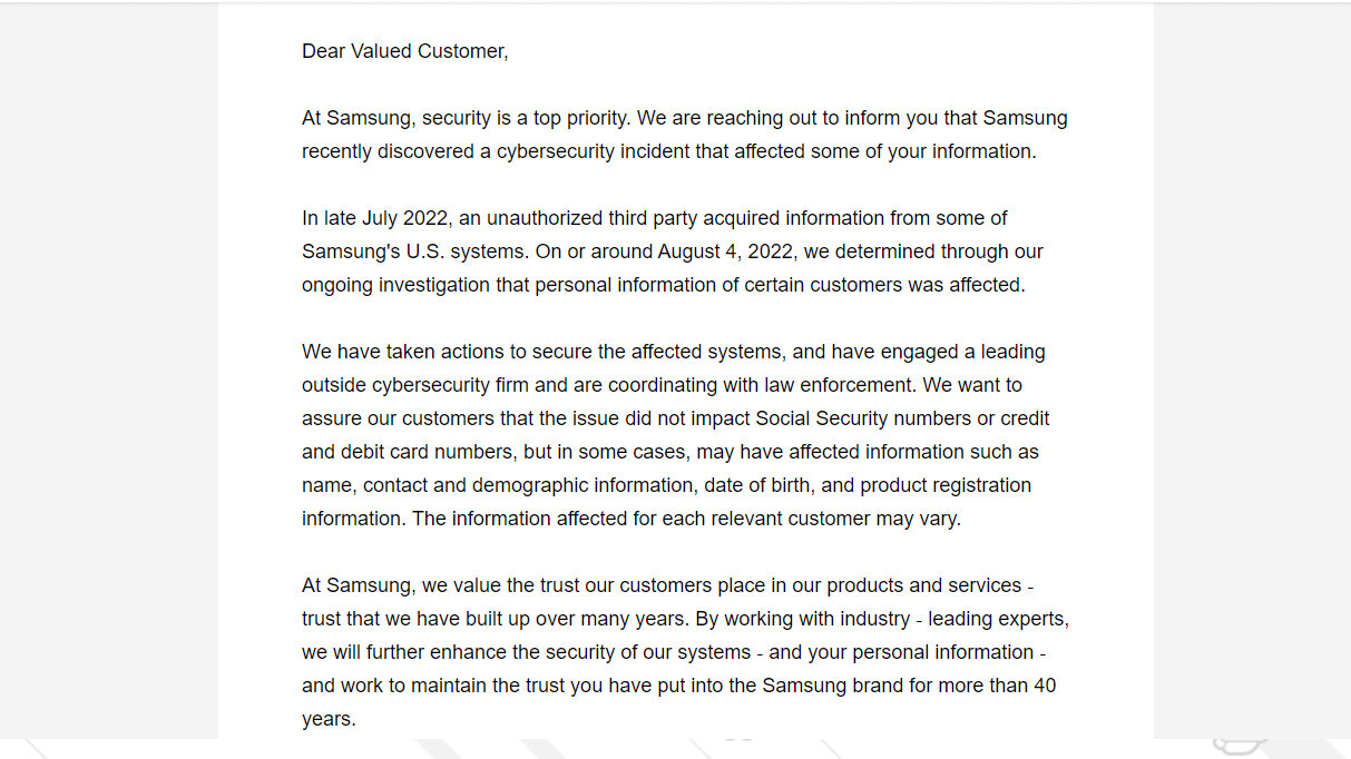 Samsung data breach email