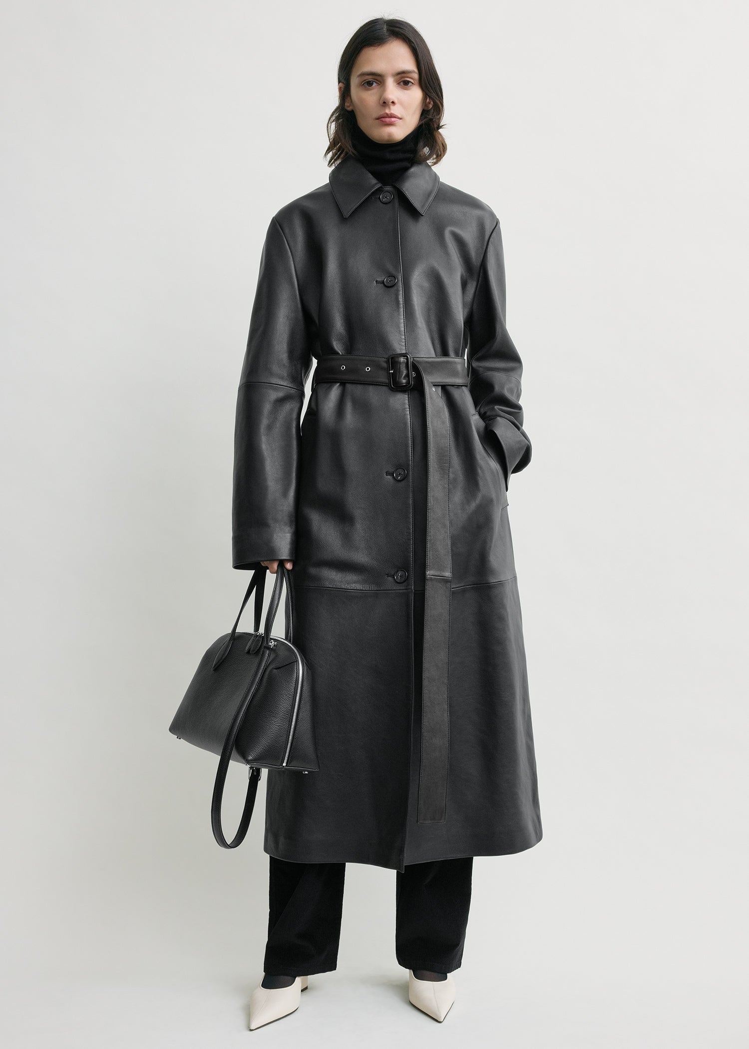 Belted Leather Coat Black
