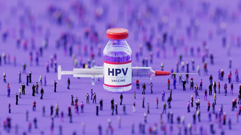 A concept illustration of a giant HPV vaccine and needle in the middle of a crowd of people. 
