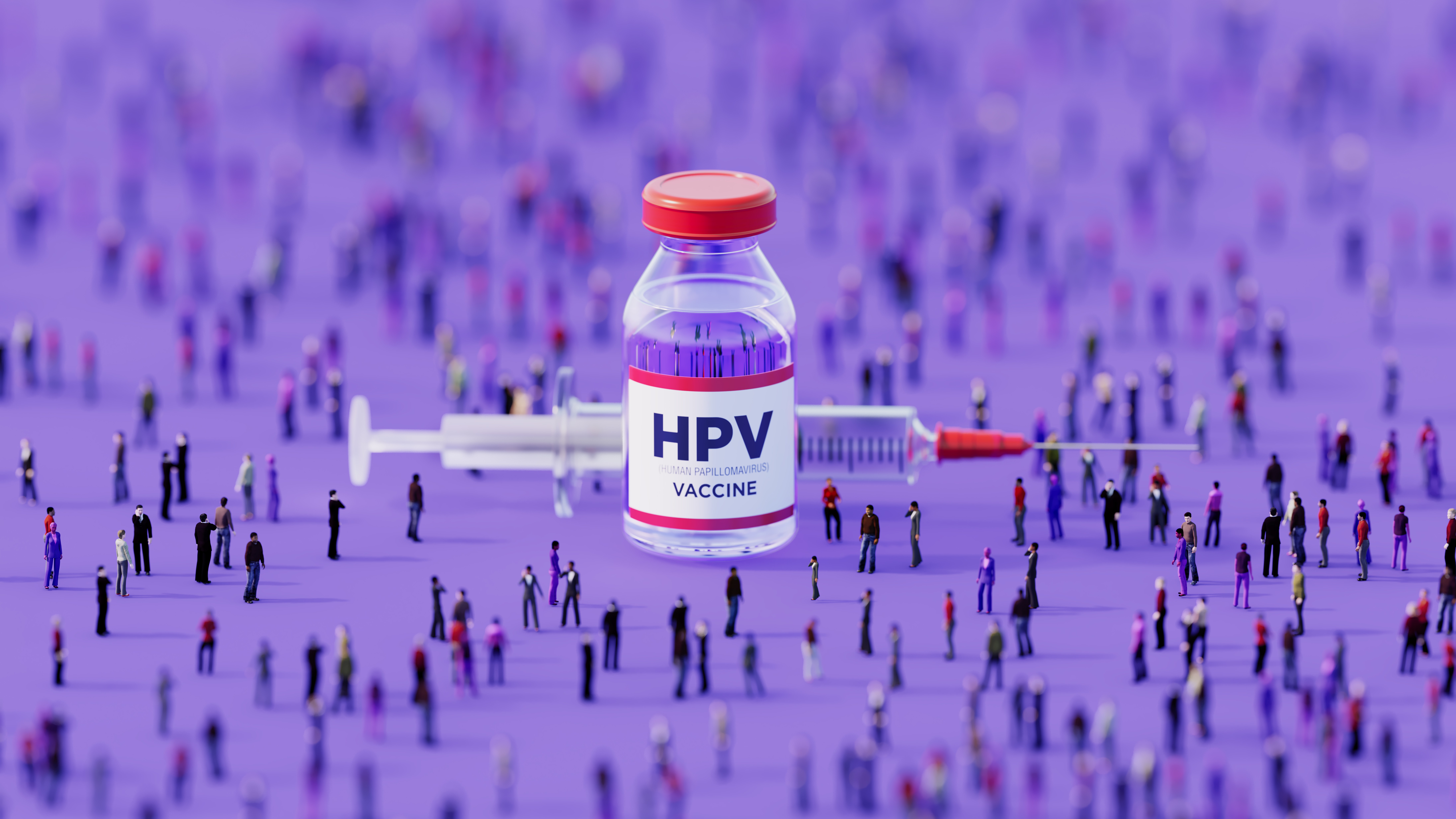 A concept illustration of a giant HPV vaccine and needle in the middle of a crowd of people. 