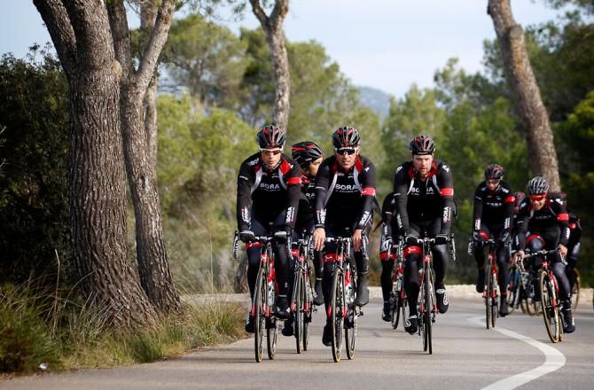 Th team rides among the trees in Spain.