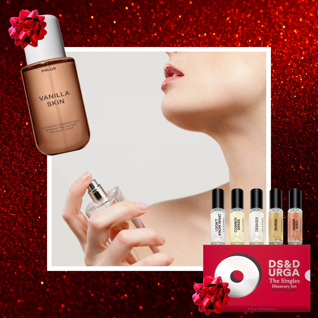 photo collage of woman spraying perfume with white border with phlur and ds and durga perfume bottles overlaid on red glittery background