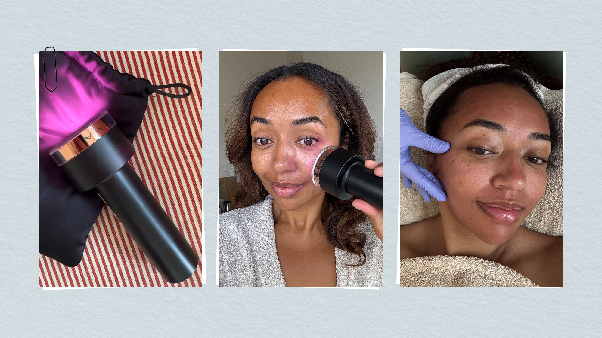 A collage of Rhea testing the Lyma Laser Pro device