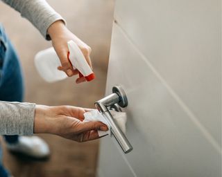 Woman cleaning door handle