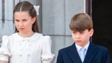 Princess Charlotte and Prince Louis watch an RAF flypast from the balcony of Buckingham Palace during Trooping The Colour on June 13, 2026