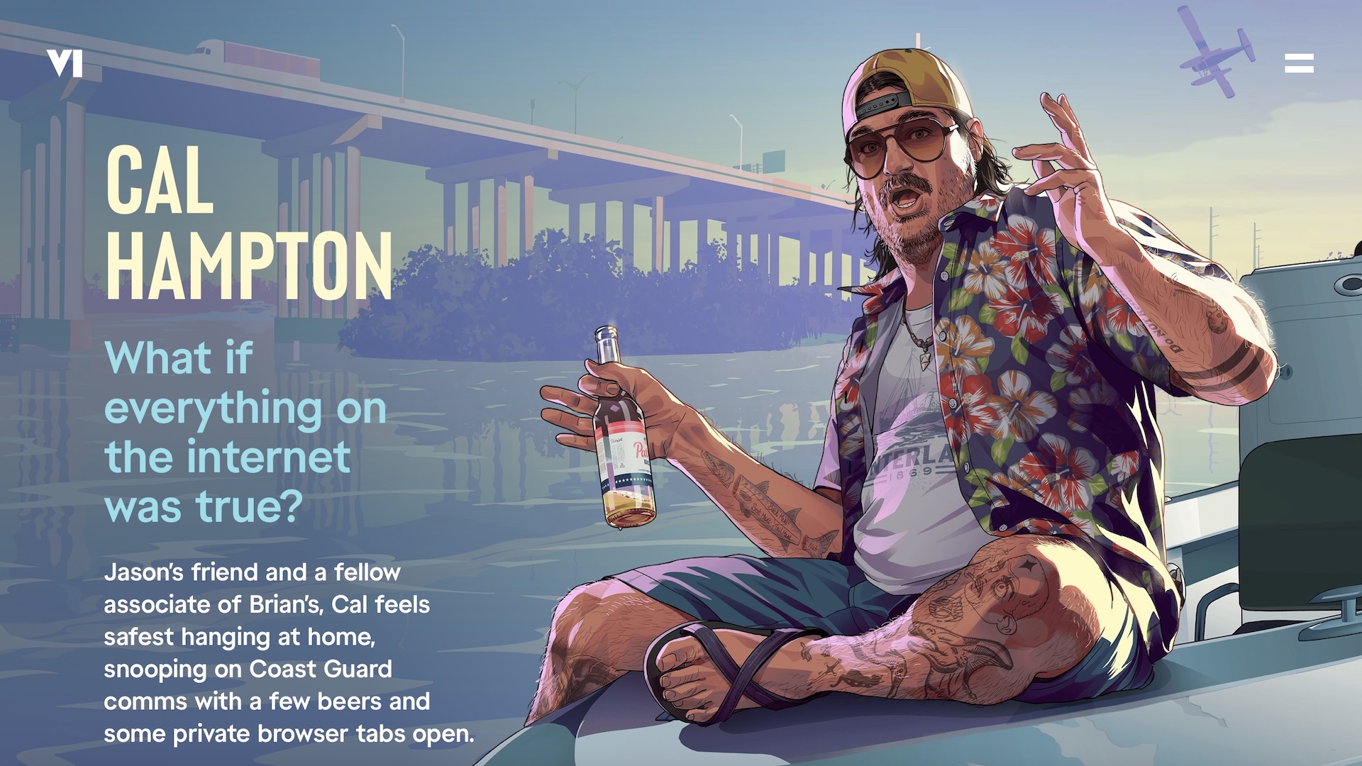Cal Hampton sits on the stern of a boat holding a beer. A bridge is seen in the background