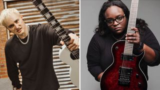 Josh Fore and Diamond Rowe of Tetrarch pose with their weapons of choice. Fore holds white ESP singlecut, while Rowe has her signature Monarkh from Jackson