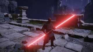Mod of Darth Maul holding a red double-ended lightsaber atop a building in a desolate Elden Ring cityscape.