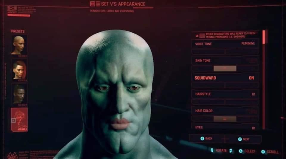 Cyberpunk 2077'deki karakter yaratıcısı kullanılarak yapılan Yakışıklı Squidward