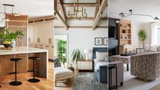 Three transitional spaces: a kitchen, bedroom and living room