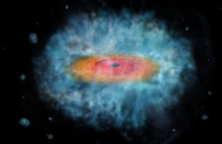 a blue haze surrounds an orange/red galactic spiral with a circular black center.