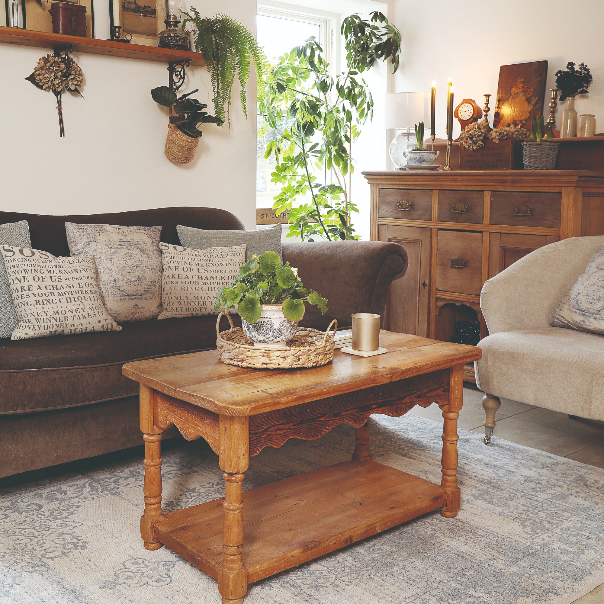 A rustic licing room with a brown sofa and a vintage wooden coffee table surrounded by plants