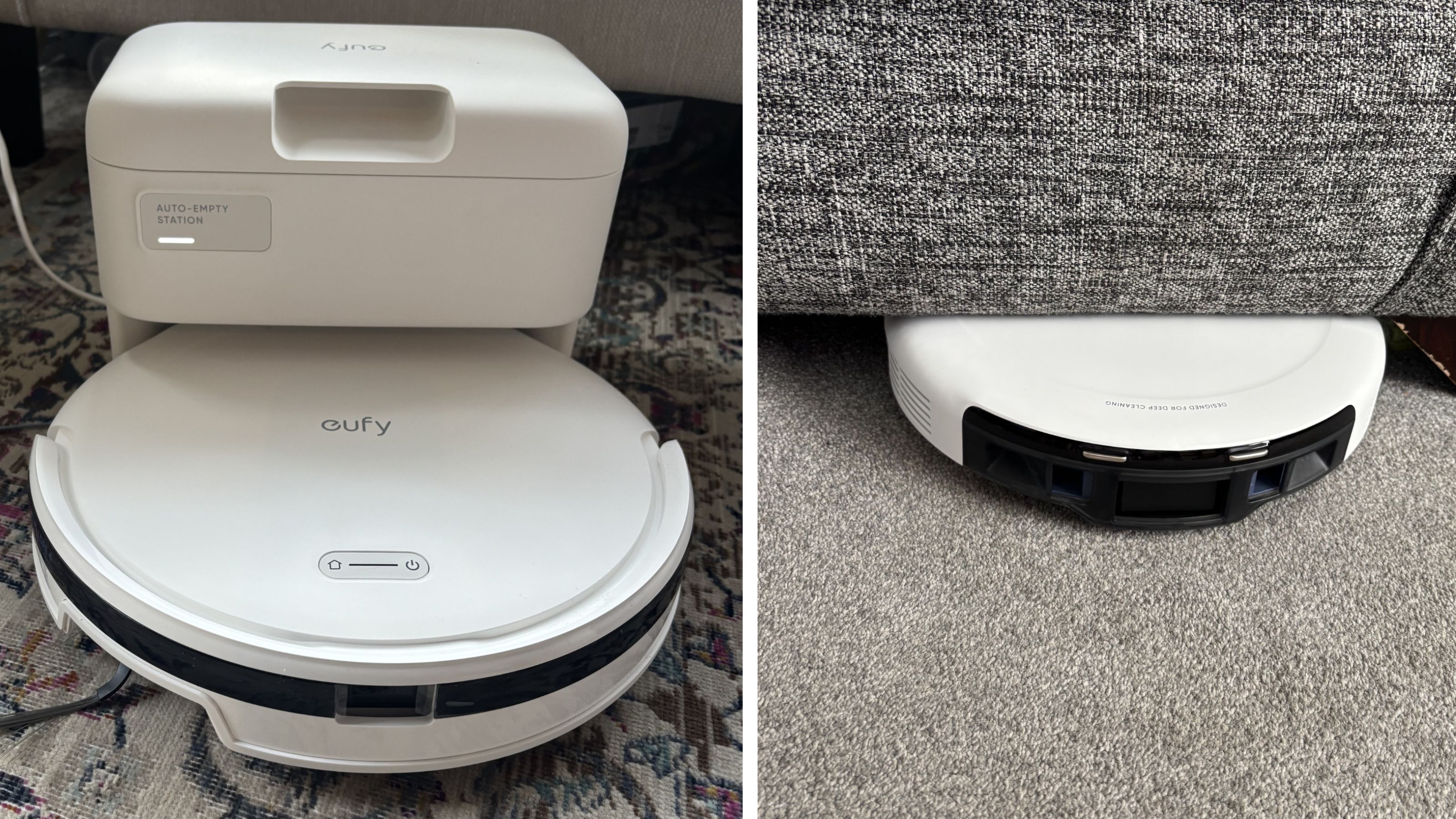 White Eufy c10 robot vacuum and self-empty system sitting on patterned rug on the left, and the same bot fitting under a grey sofa on the right