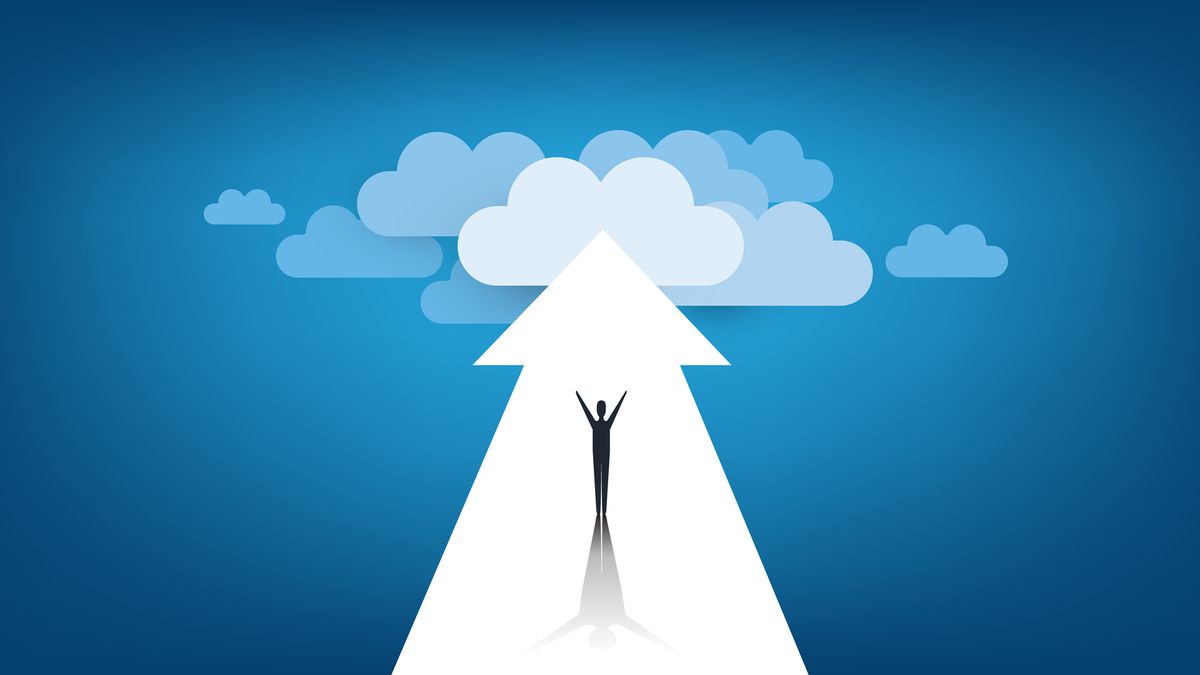 Person travelling upwards to the cloud