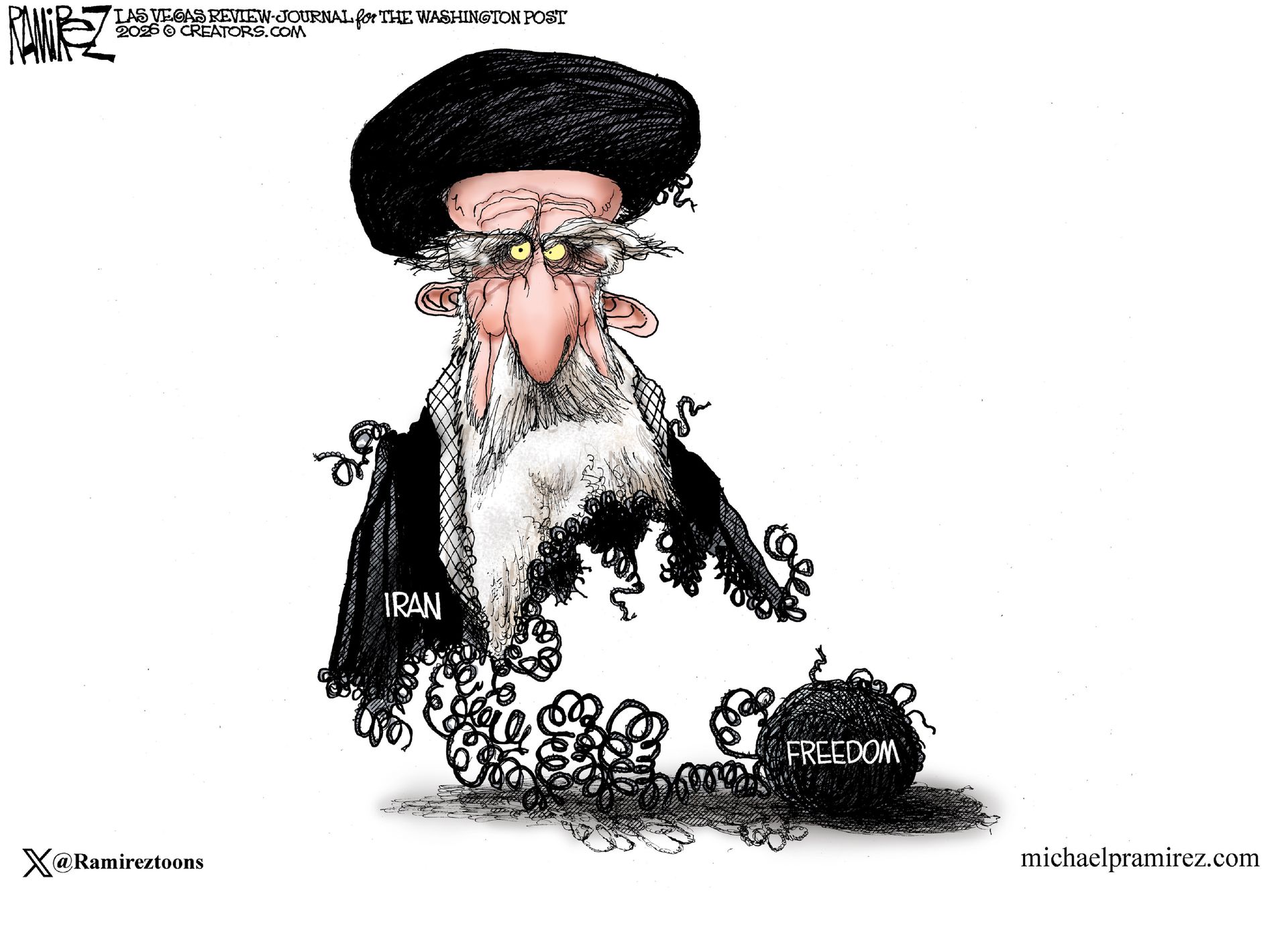 
                                This cartoon depicts Iran’s Ayatollah as a fraying figure made of string. The string comes from a ball of string labeled “FREEDOM”.
                            