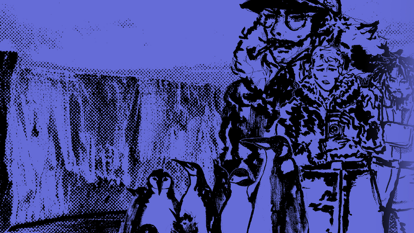 Key art for Penguin Colony, showing charcoal sketch of Antarctic expedition and penguins over purple background