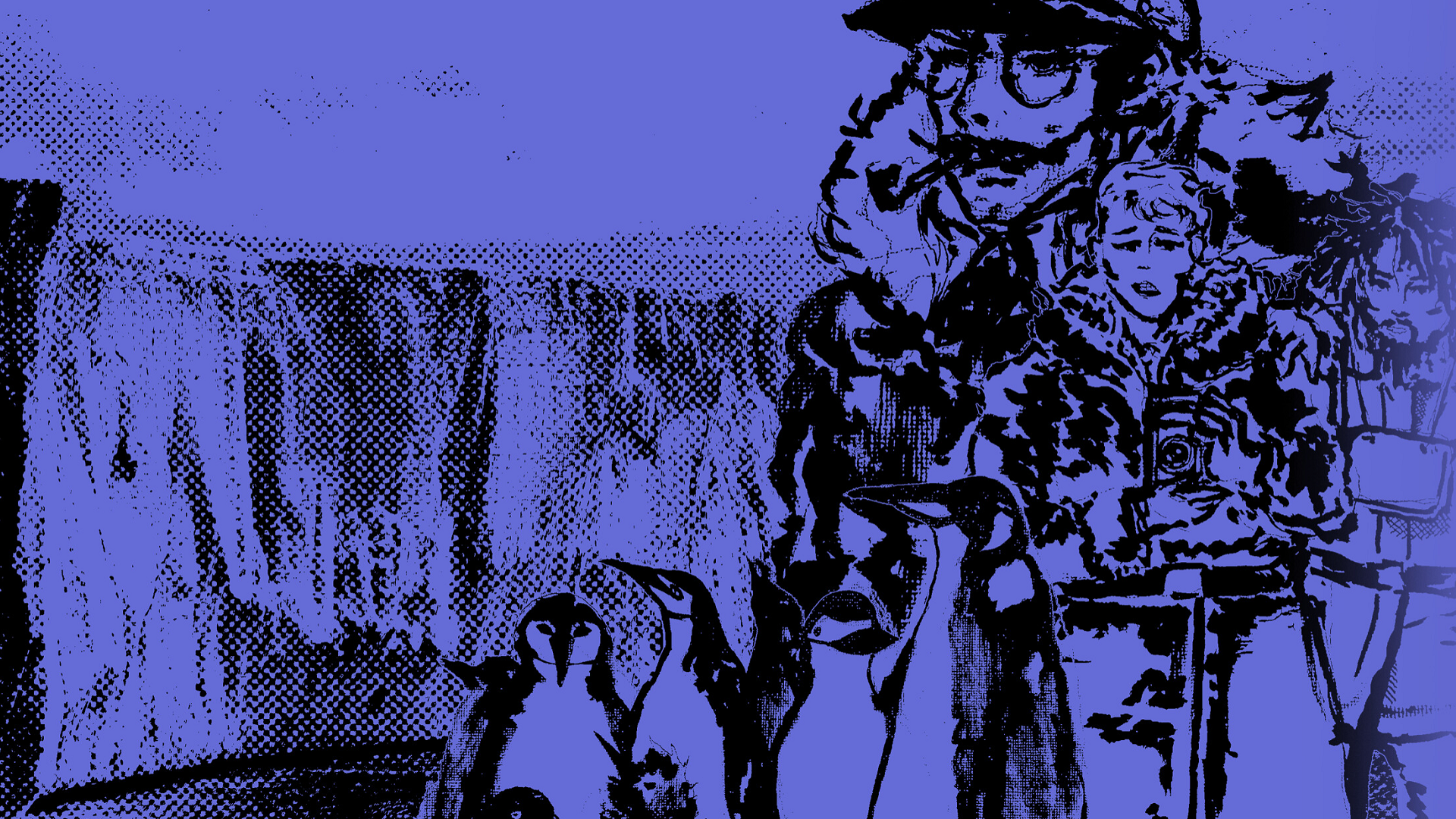 Key art for Penguin Colony, showing charcoal sketch of Antarctic expedition and penguins over purple background