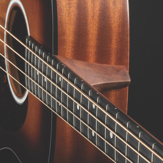 Close up of a Martin DJR-10E bass guitar on its neck and strings