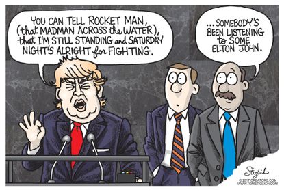 Political cartoon U.S. Trump UN speech Elton John