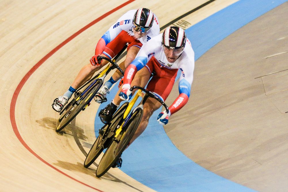 Team of Russia competes in the Men's Team Sprint on day one