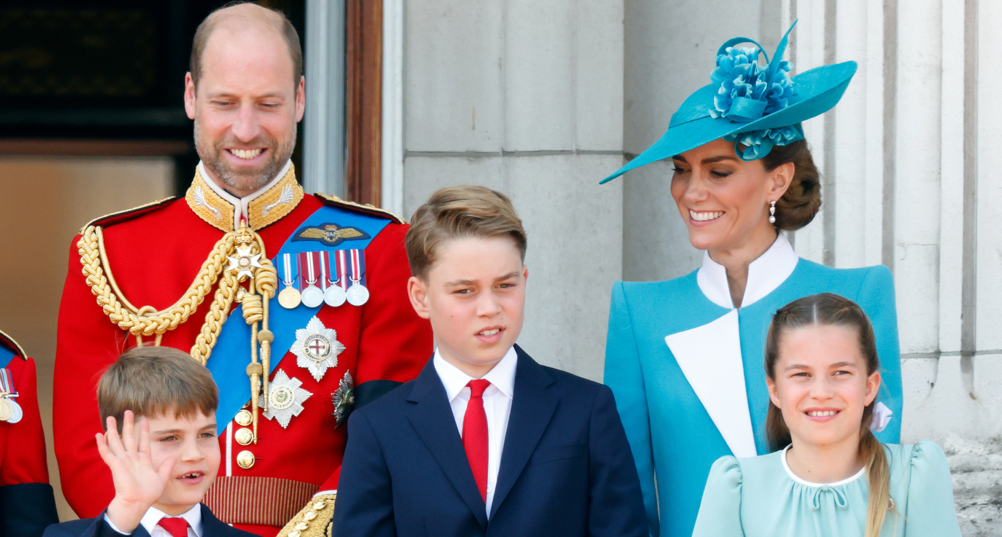Prince William, Princess Kate, Prince George, Princess Charlotte and Prince Louis standing on the balcony of Buckingham Palace at Trooping the Colour