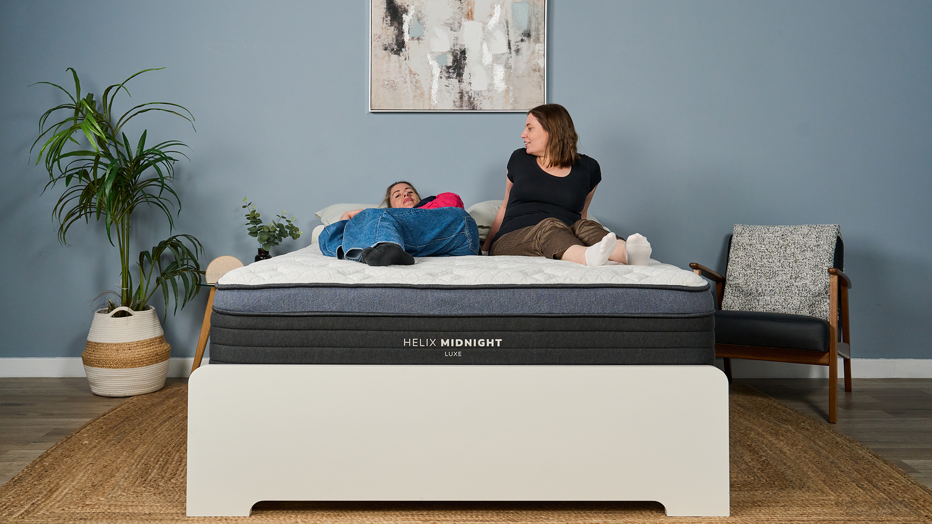 Mattress testers Ruth Jones and Nicola Appleton test out the Helix Midnight Luxe mattress in the Tom's Guide sleep studio