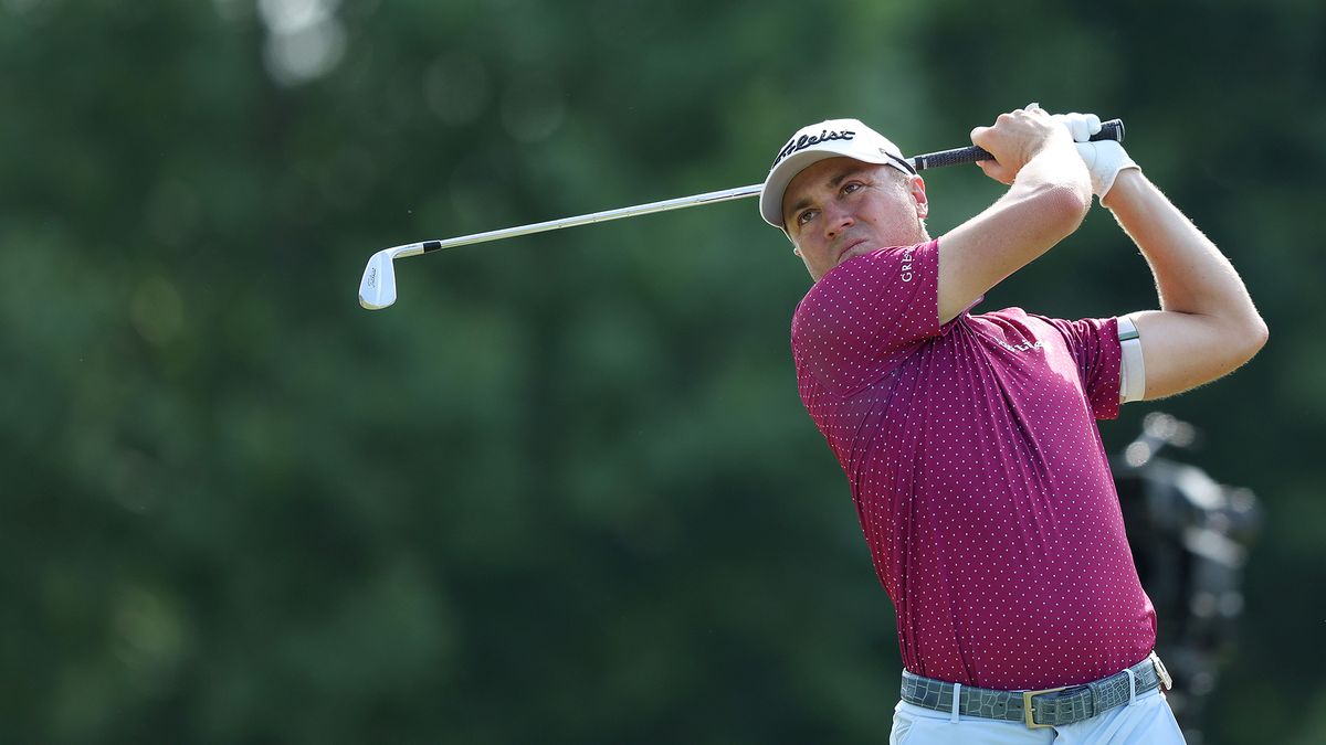 Justin Thomas of the United States plays his shot from the 14th tee during the first round of the 2022 PGA Championship at Southern Hills Country Club on May 19, 2022 in Tulsa, Oklahoma.