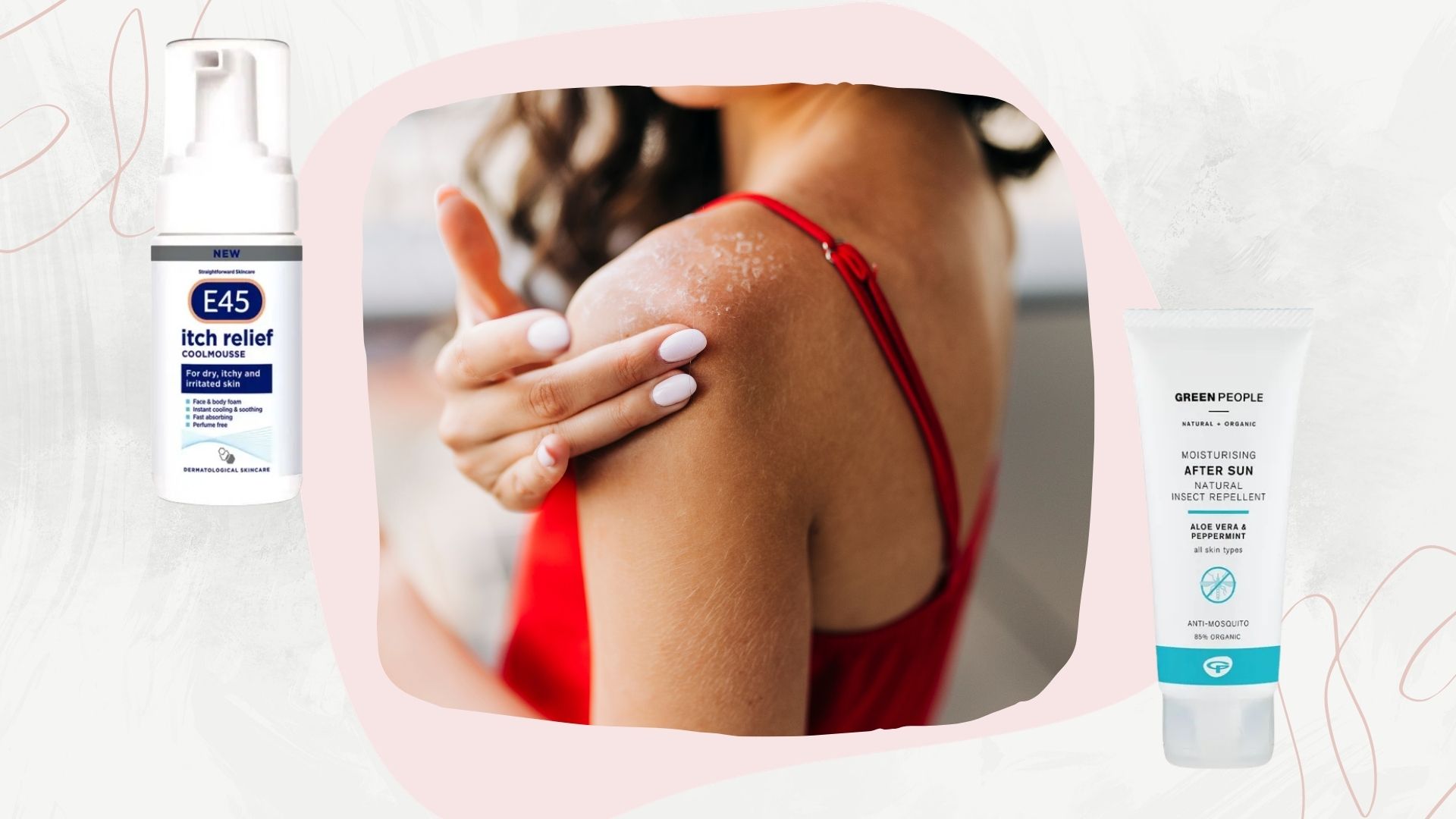 a woman rubbing her shoulder in a red swimsuit on holiday, next to bottles of green people and e45 itch relief cream