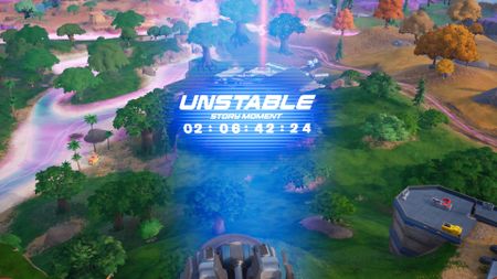 An in-game countdown projection leading to the start of the Fortnite Live Event Unstable Story Moment
