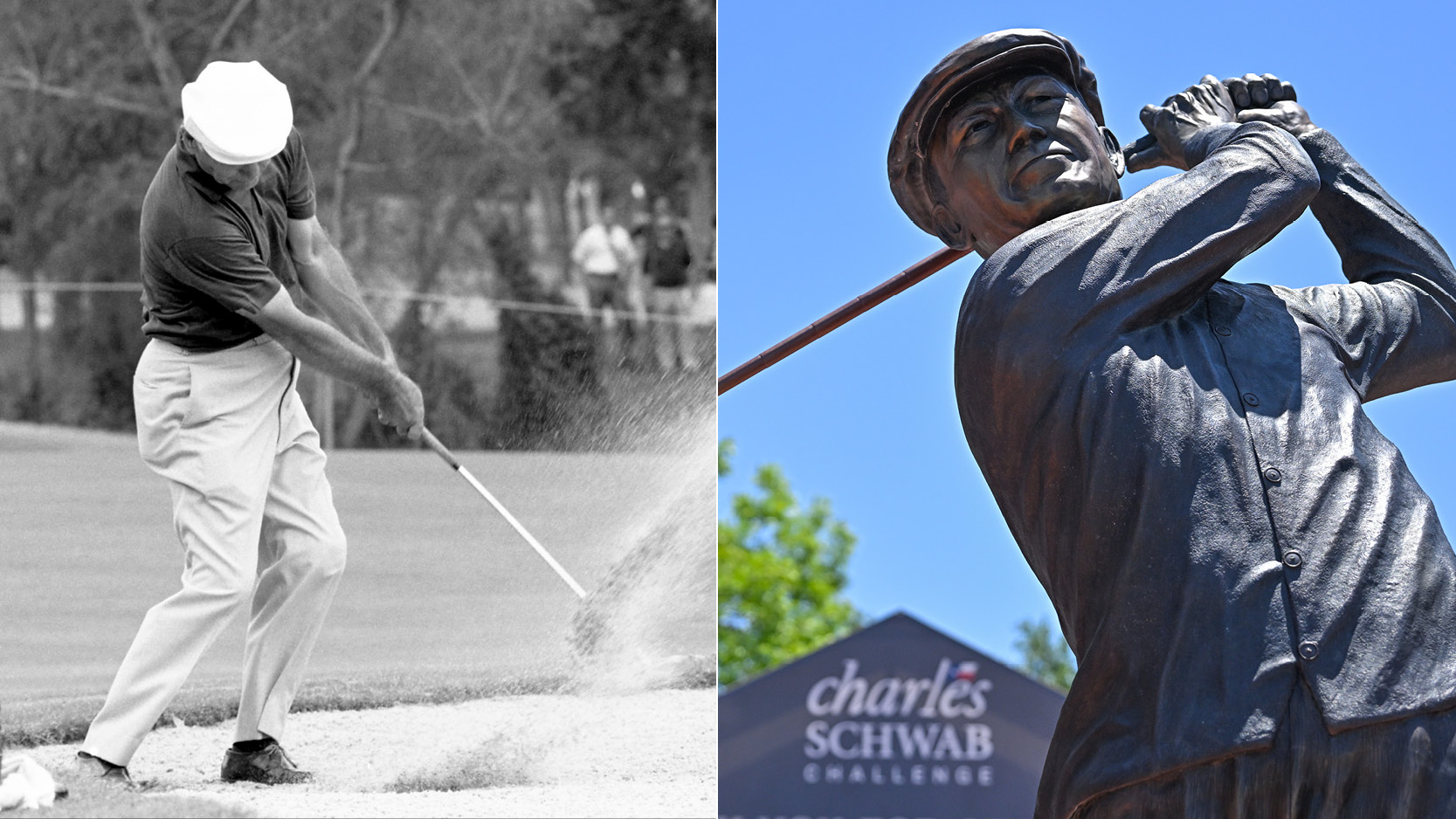 Ben Hogan hits a bunker shot. Hogan's bronze statue on the other side
