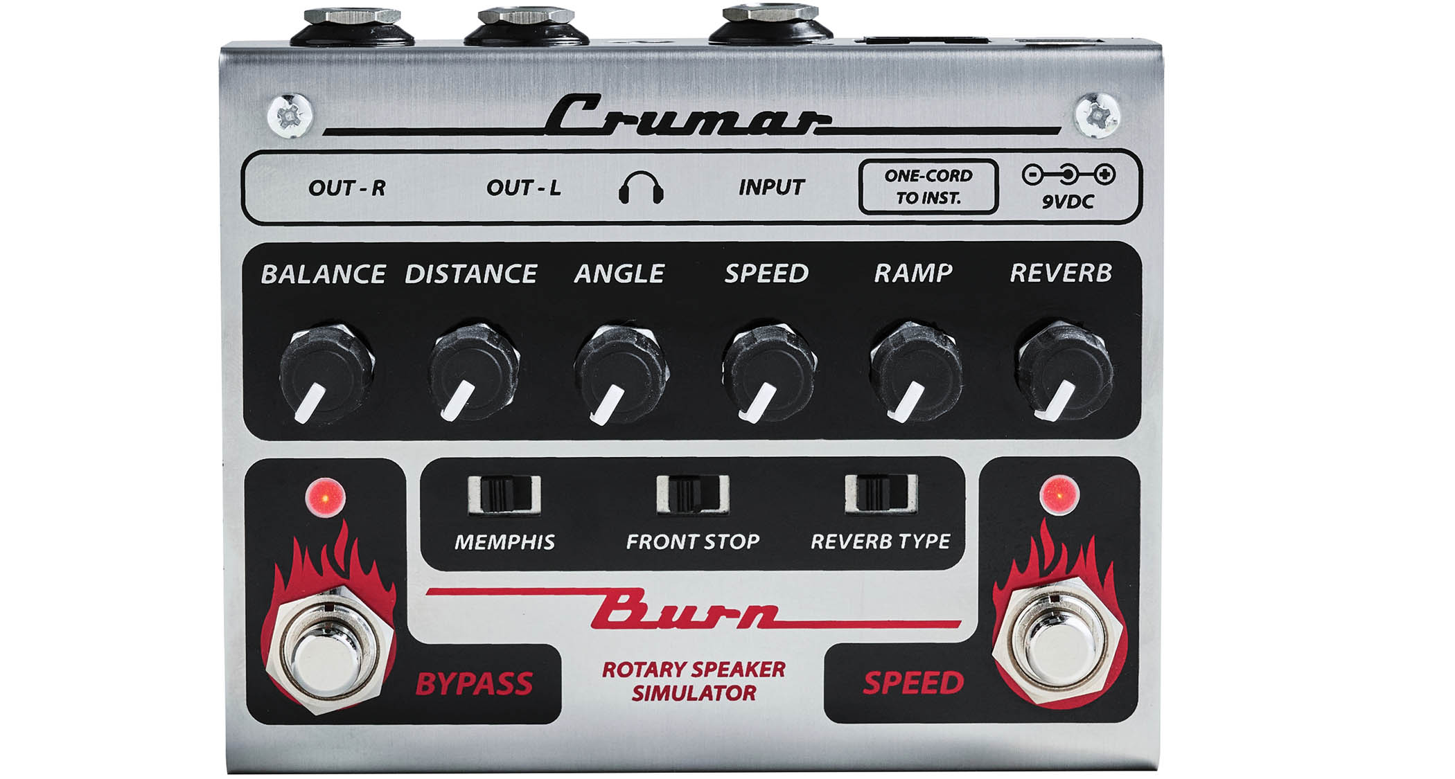 The Crumar Burn is a rotary speaker emulator that is designed for keyboards but works just fine for guitar &amp;ndash; it has a brushed metal chassis with black dials and control panel