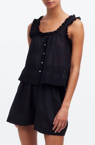 Embroidered Ruffle Trim Sleeveless Top