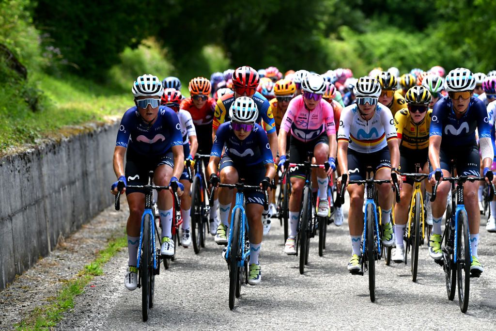 BORGO VAL DI TORO ITALY JULY 03 LR Floortje Mackaij of The Netherlands and Movistar Team Niamh FisherBlack of New Zealand and Team SD Worx Annemiek Van Vleuten of The Netherlands Pink Leader Jersey Liane Lippert of Germany and Aude Biannic of France and Movistar Team compete during the 34th Giro dItalia Donne 2023 Stage 4 a 134km stage from Fidenza to Borgo Val di Toro UCIWWT on July 03 2023 in Borgo Val di Toro Italy Photo by Dario BelingheriGetty Images