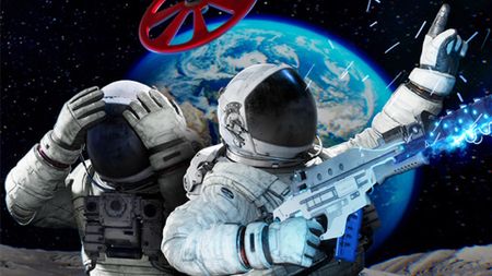 An astronaut holding a gun points away, while another astronaut clutches his head