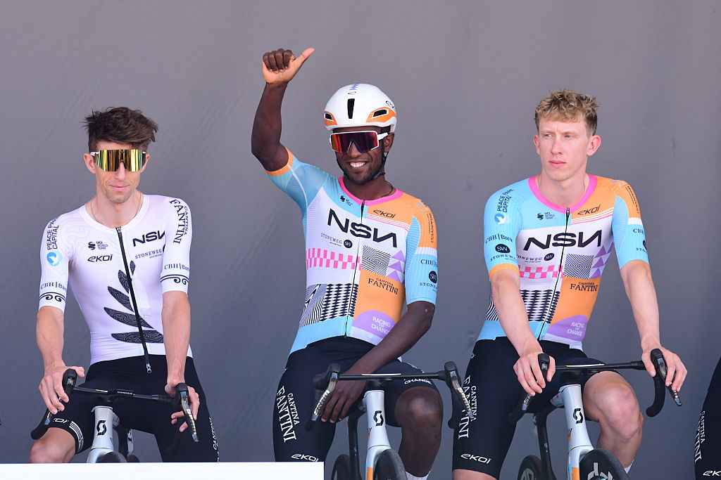 Cyclist Biniam Girmay of the NSN Cycling Team is pictured in the center during the presentation of the cycling teams for Stage 17 of the 2026 Tour de France, from Chambery to Voiron, in Chambery, France, on July 22, 2026. (Photo by Romain Doucelin/NurPhoto)
