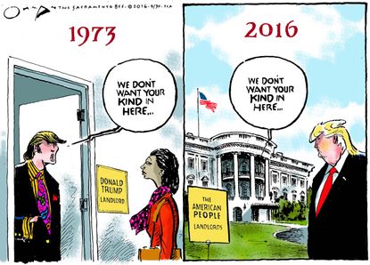 Political cartoon U.S. 2016 election Donald Trump treatment then and now
