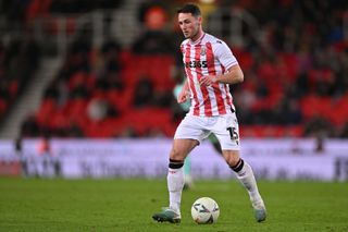Jordan Thompson of Stoke City runs with the ball during the Emirates FA Cup Fifth Round match between Stoke City and Brighton & Hove Albion at Bet365 Stadium on February 28, 2023 in Stoke, England.
