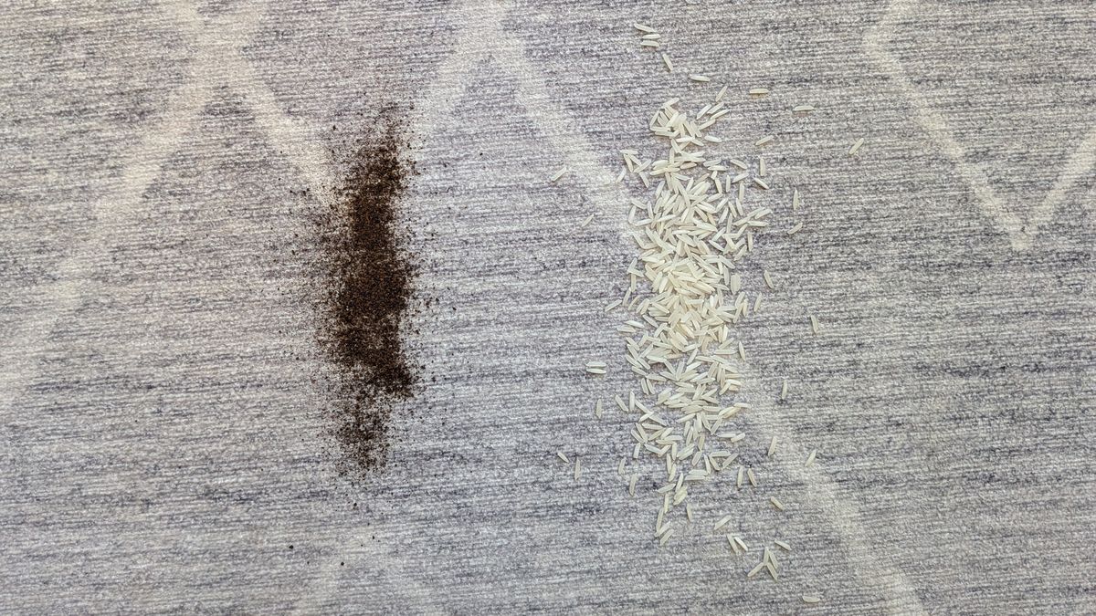 Pile of dry tea and rice on low-pile carpet before the vacuuming test