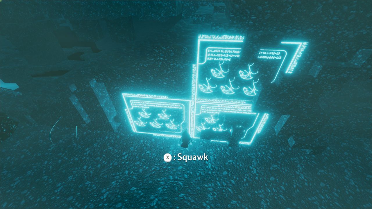 Penguin prompted to squawk looking at glowing hieroglyphs