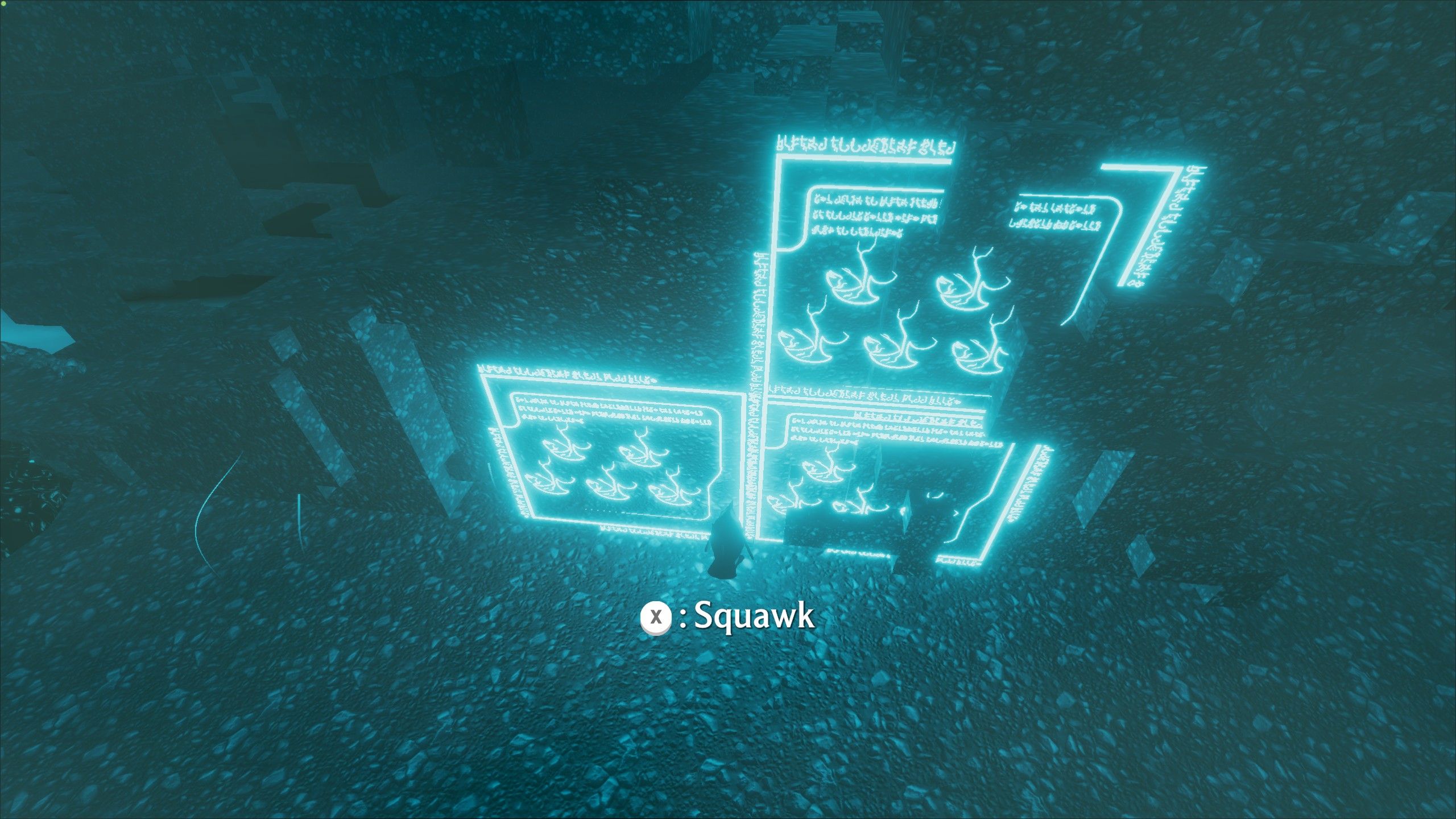 Penguin prompted to squawk looking at glowing hieroglyphs