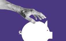 Hand reaching for white piggy bank on purple background.