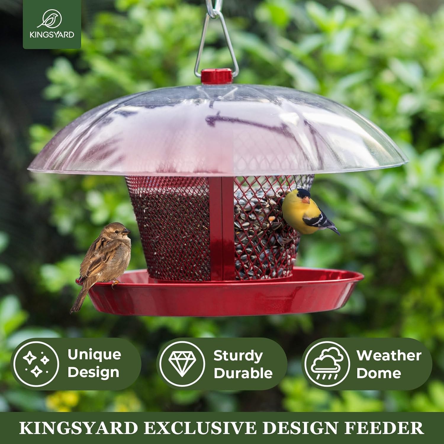 Kingsyard Bird Feeder for Outside Metal Mesh Wild Bird Feeder With Weatherproof Dome Dual Feeders 2.5 Lbs. Seed Capacity for Finch Cardinal
