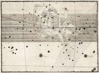 The original page for Gemini from the 1603 edition of Johann Bayer's "Uranometria." The major stars' symbols vary with brightness and are labeled with proper names or Greek letters. The wide, dark band represents the Zodiac. Below that, the bright stars Procyon and Betelgeuse are labelled on either side of the shaded Milky Way.