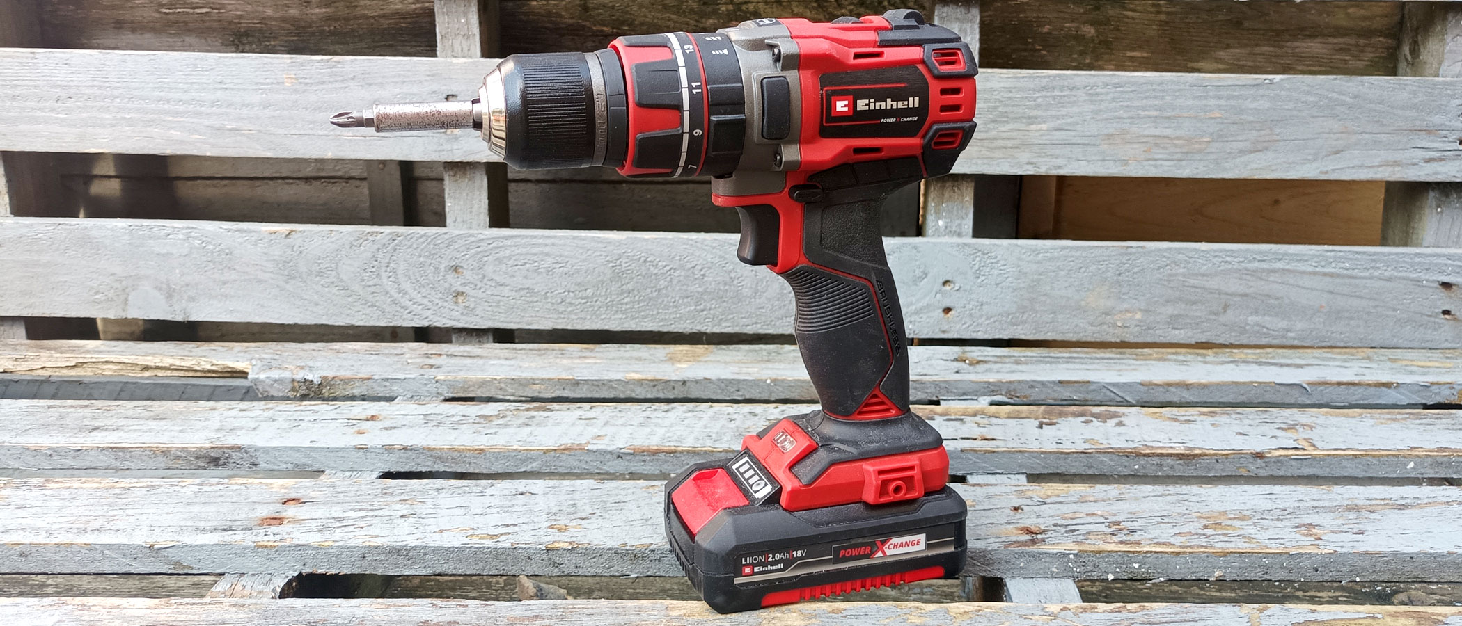 Einhell cordless drill on wooden bench
