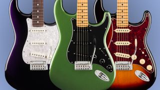 A composite showing the Fender Player II Modified Stratocaster in its three finish options