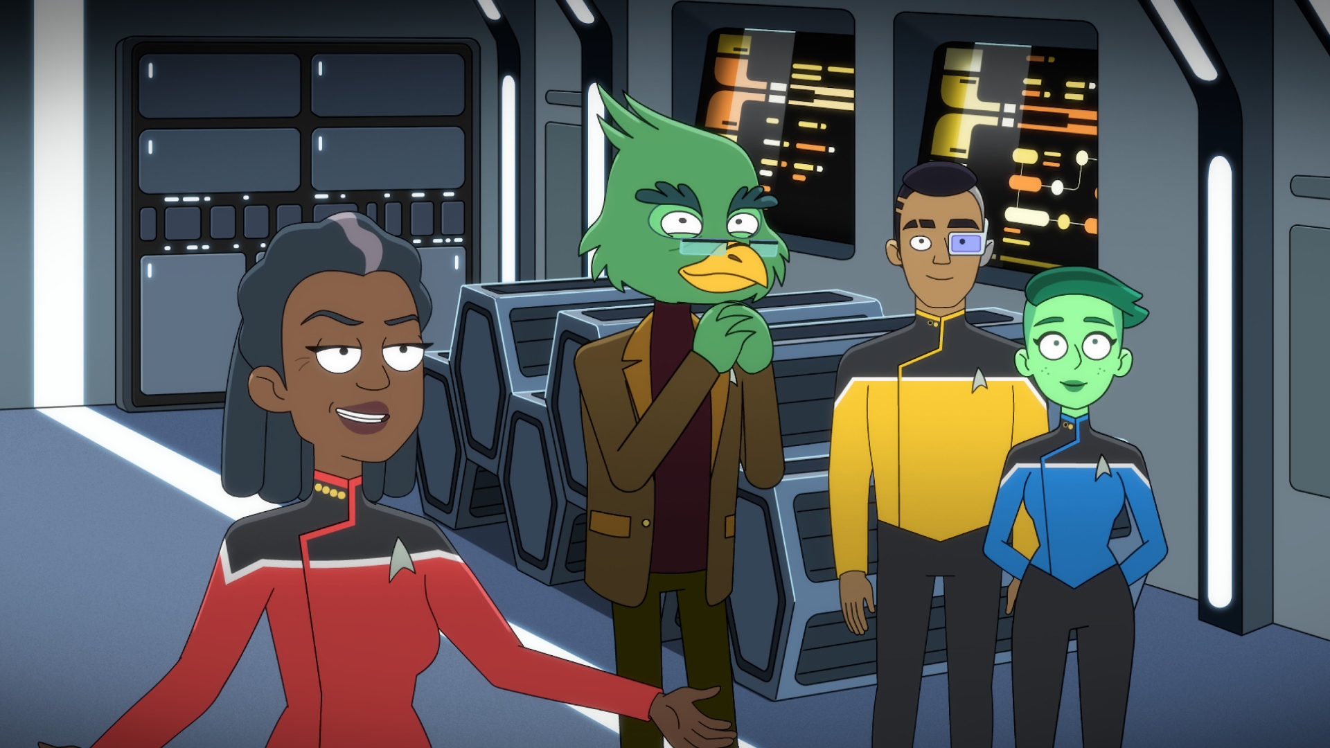 cartoon characters wearing jumpsuits in bright primary colors talk to a humanoid bird-like alien inside a spaceship filled with lights and buttons