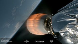 View from the upper stage of a SpaceX Falcon 9 rocket during a launch of 25 Starlink satellites on Feb. 2, 2026. The upper stage failed to deorbit as planned on that mission, after successfully deploying the satellites.