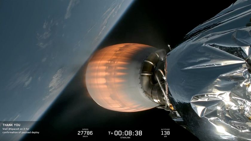 View from the upper stage of a SpaceX Falcon 9 rocket during a launch of 25 Starlink satellites on Feb. 2, 2026. The upper stage failed to deorbit as planned on that mission, after successfully deploying the satellites.